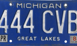 license plate tha's blue with "Great Lakes" on the bottom