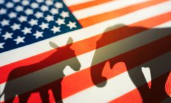 American flag with donkey and elephant shadow