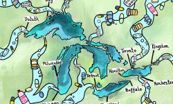 Illustration of trash in the Great Lakes
