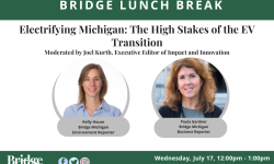 July Bridge Lunch break graphic; showcases the headshots of Paula Gardner and Kelly House