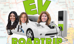 EV Roadtrip graphic. There's an EV car with the cut out of Paula Gardner, Kelly House, Asha Lewis faces