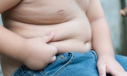 A shirtless, overweight child pinching their stomach