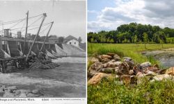 A black and white photo on the left and a modern photo on the right