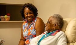 Gwendolyn Wilson, 93, and her daughter Kathryn Wilson, 64, talking to each other