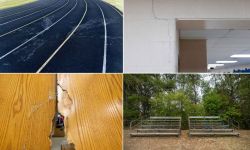 Four different photos at Hale Area Schools : top left, stains on the track, top right, cracks in the walls, bottom left, a broken gymnasium door, and, bottom right, the visitor’s bleachers at the football field.