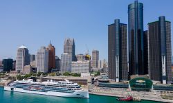 Aerial view of the famous cruise ship Viking Octantis docked in front of the Renaissance Center as part of its tours of the Great Lakes