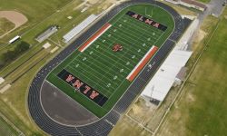 An aerial view of the Alma High School football field in Michigan