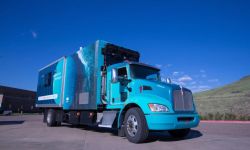 A blue experimental heavy-duty truck powered by hydrogen