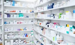 Pharmacy, pills and box with healthcare store, shelf and prescription care medicine. 