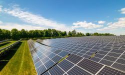  Rows of sustainable energy solar panels set up on the farmland.