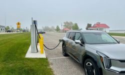 EV car being charged at a charging port. 