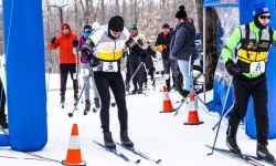 Cross-country skiers in Gaylord. The ground is covered in snow. 