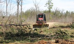 Small bulldozer clears branches in Chester Township, Michigan.