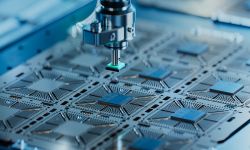 Close-up of Silicon Die are being Extracted from Semiconductor Wafer and Attached to Substrate by Pick and Place Machine. 