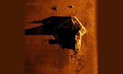 A sonar image of a shipwreck on the lakebed