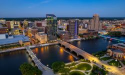 An aerial view of the downtown buildings in Grand Rapids, Michigan.