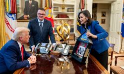 President Donald Trump, Gov. Gretchen Whitmer and Michigan House Speaker Matt Hall in the Oval Office.